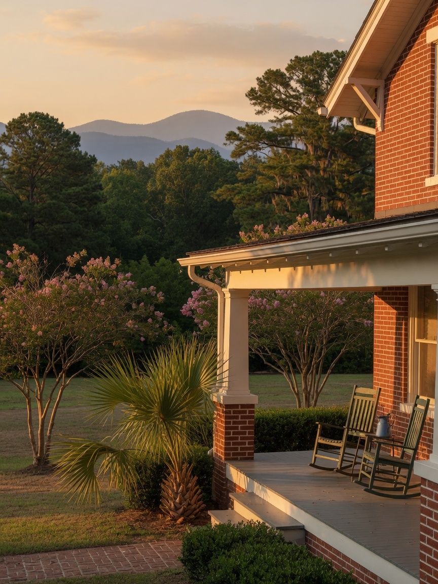 Porch of an Upstate South Carolina home at golden hour